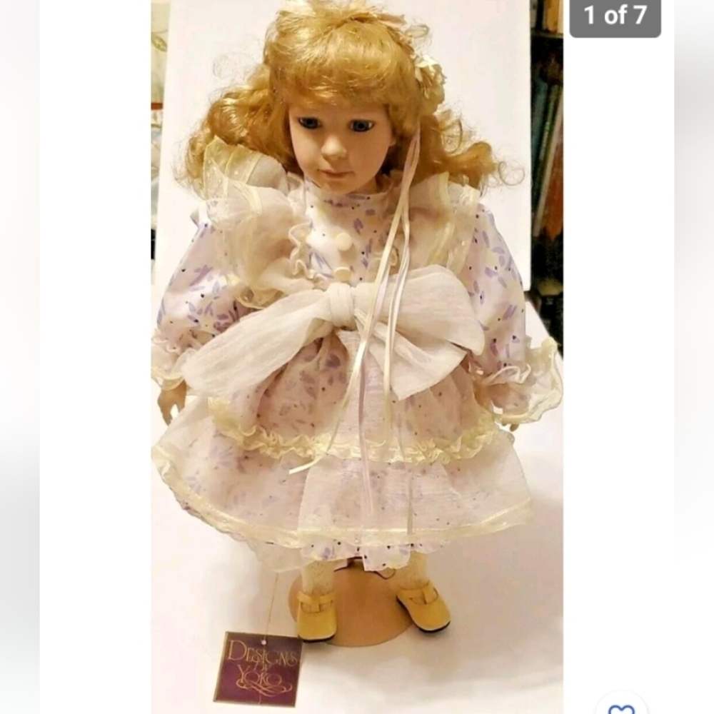 DESIGNS by Yoko " Amber " Porcelain  girl doll multi color white dress 1991 new